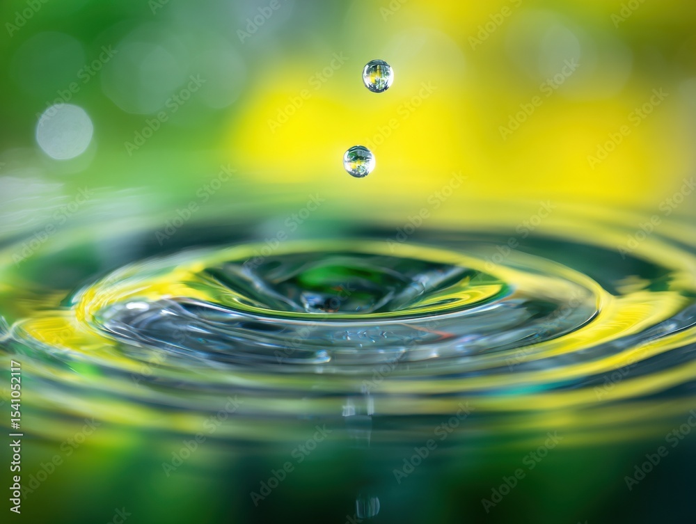 Poster water droplets falling into pool creating ripples, symbolizing purity and environmental responsibili