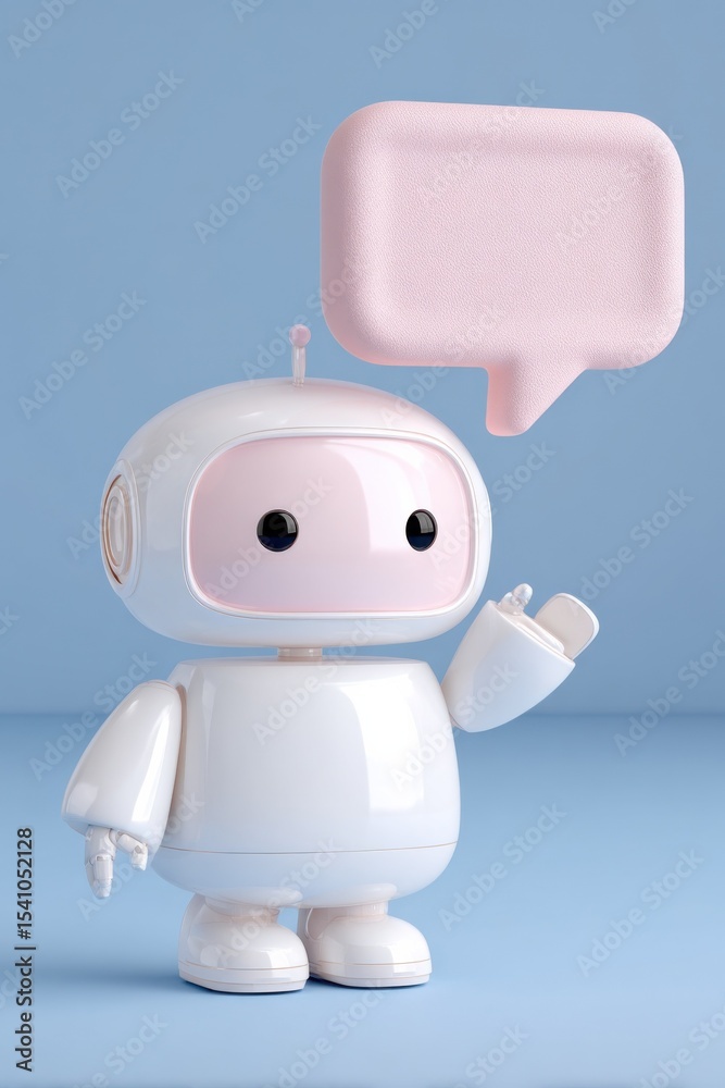Poster friendly white robot with pink speech bubble on blue background, symbolizing artificial intelligence