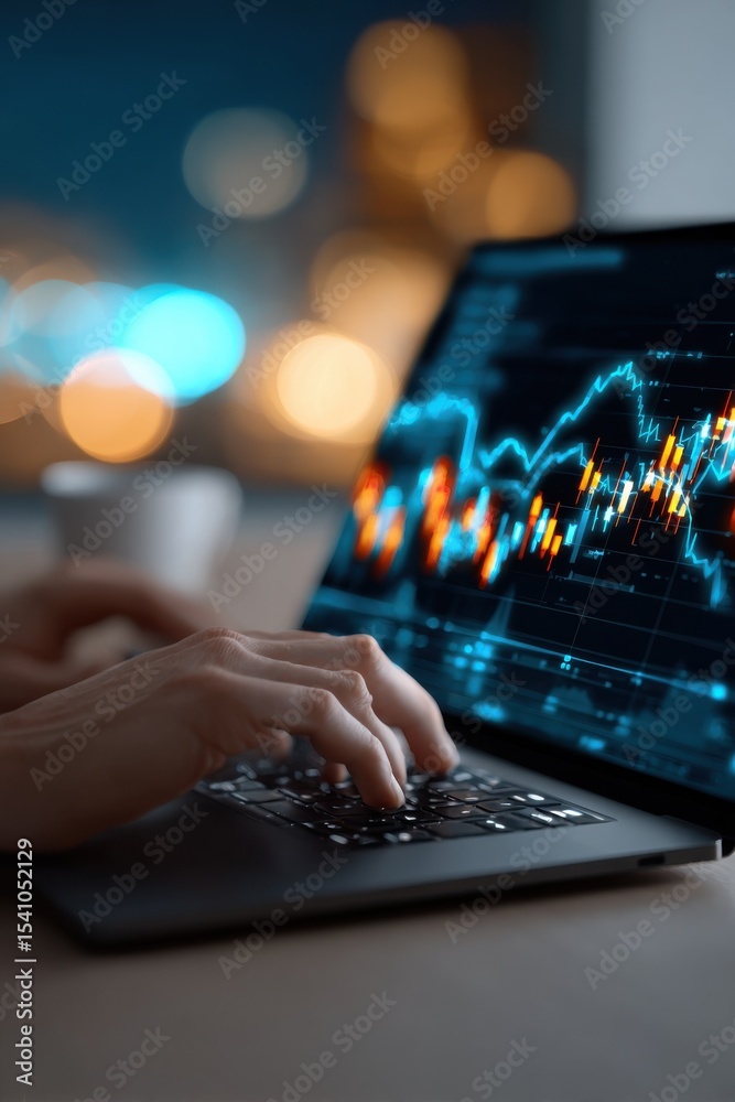 Poster person typing on laptop displaying financial chart, representing investment strategy and digital tra