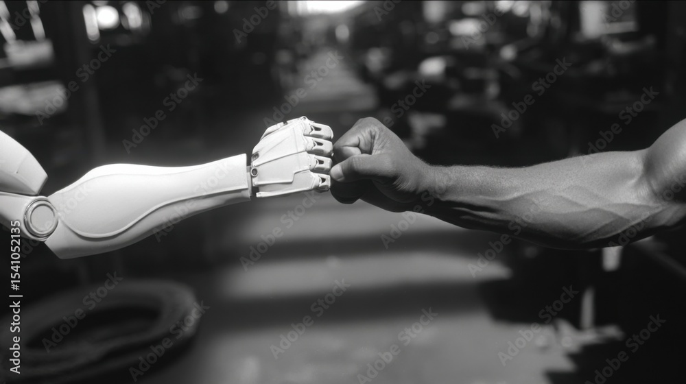 Poster robot and human arm fist bump in black and white, symbolizing collaboration and technological advanc