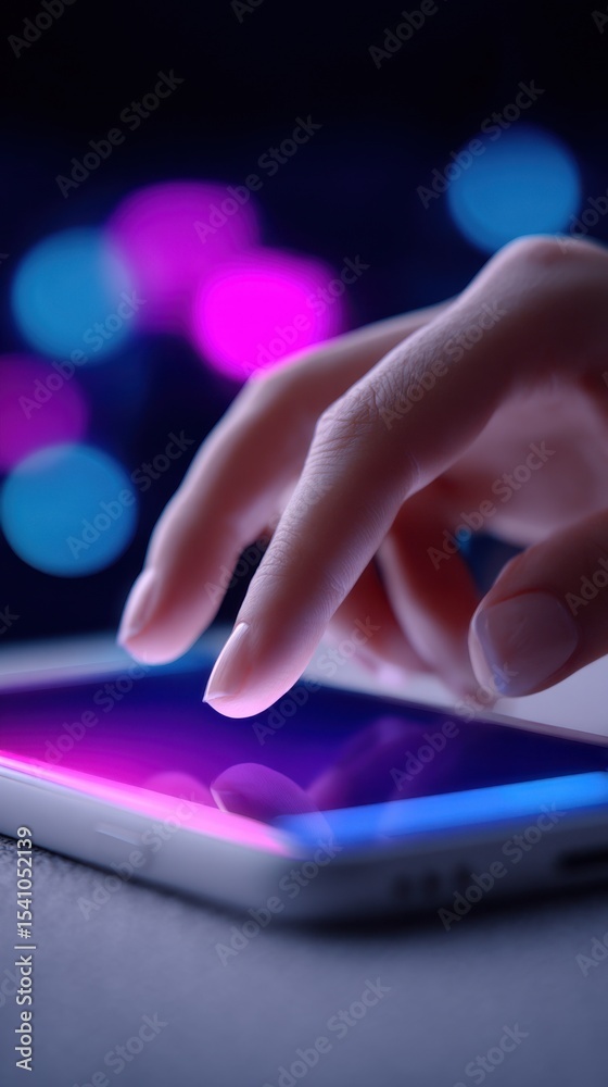 Poster woman's finger tapping on smartphone screen with neon glow, illustrating connection and digital comm