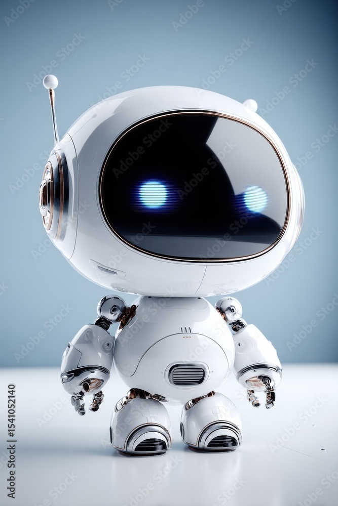 Poster Friendly White Robot Standing on a White Surface, Representing Automation and Technological Advancement in Artificial Intelligence : Generative AI