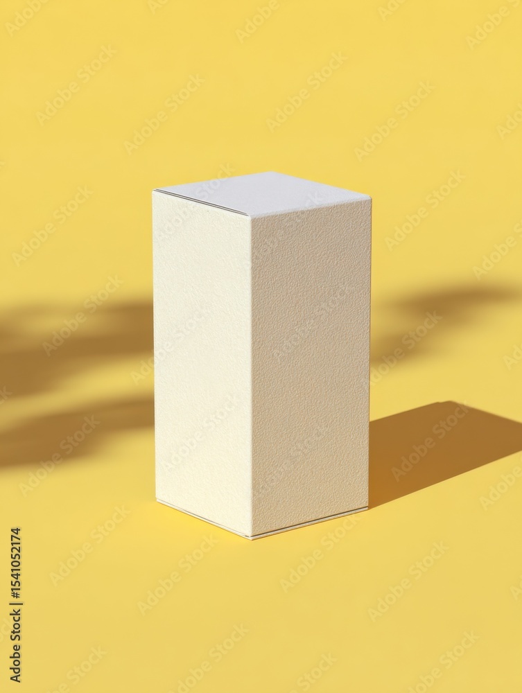 Poster cream-colored box on yellow background with shadow, ideal for product mockups, showcasing simplicity