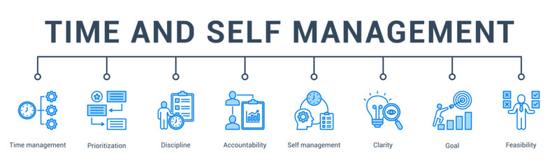 banner web icon vector illustration concept for time and self management with an icon of goal tracking, habit building, work rhythm, personal calendar, and control.