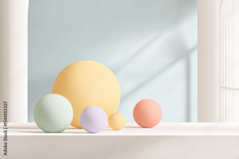Poster Pastel Spheres on a White Shelf With Window Light, Representing Simplicity and Product Presentation, Ideal for Backgrounds and Mockups : Generative AI