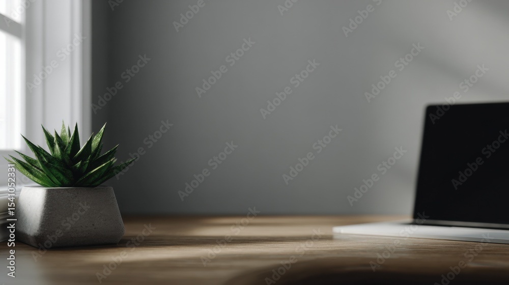 Poster succulent plant on wooden desk with laptop, representing productivity and digital workspace solution