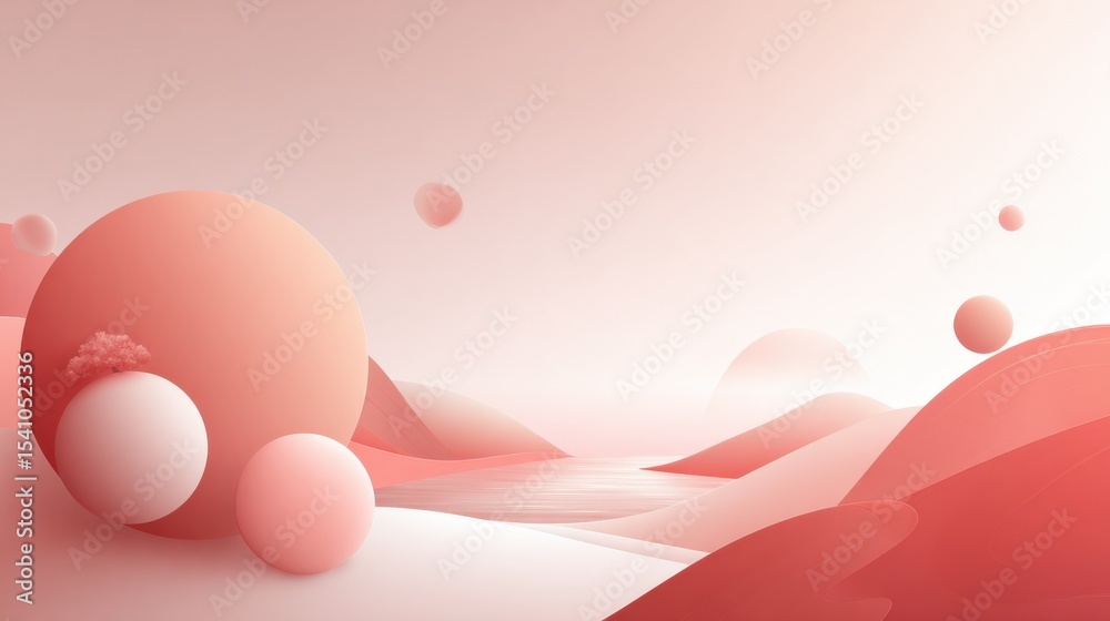 Poster abstract landscape with spheres and waves in coral color, representing serenity and modern interior 