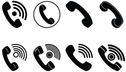 Eight Black Silhouette Icons of Retro Telephones with and without Incoming Call Signal Waves