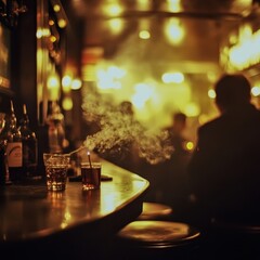 A smoky jazz bar with a patron smoking at a table