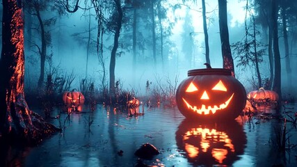 Illuminated pumpkin in a spooky swamp forest - Powered by Adobe