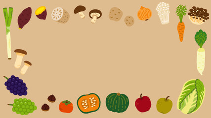 秋　収穫祭　野菜　果物　イラスト　背景　横長