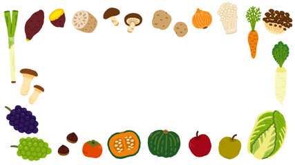 秋の収穫祭をテーマにした野菜と果物の横長イラスト背景素材