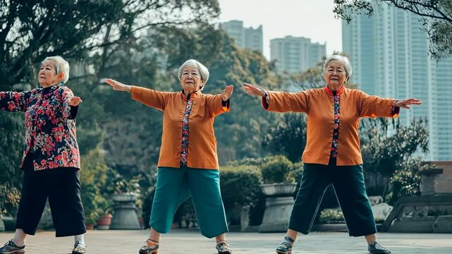 Three elderly women practicing tai chi outdoors in a park, wearing colorful traditional clothing, showcasing harmony, balance, and physical activity in a serene environment. Generative 4k video.