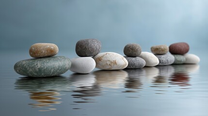 Stones balance above water creating stillness with reflections. AI generated.