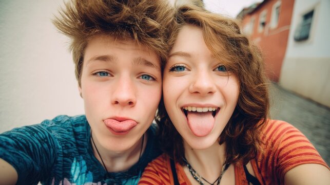 A boy and a girl are smiling and posing for a picture - Powered by Adobe