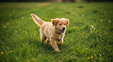 Fototapeta premium A golden retriever puppy running through a grassy field in the golden hour light. A vibrant, joyful image