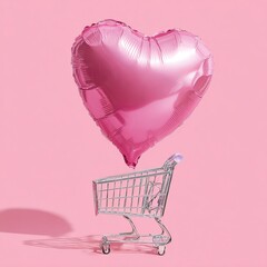 A pink heart-shaped balloon floating above a shopping cart, suggesting love, shopping, or a special offer