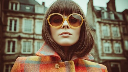 Stylish woman wears retro fashion sunglasses with vintage architecture backdrop. AI generated.