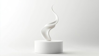 Abstract white sculpture on a pedestal.  Smooth flowing curves, minimalist form.  Studio shot.  Light background