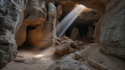 Sunbeam cuts through dust inside limestone cave. Rich texture visible. Exploration geology light visible. AI generated.