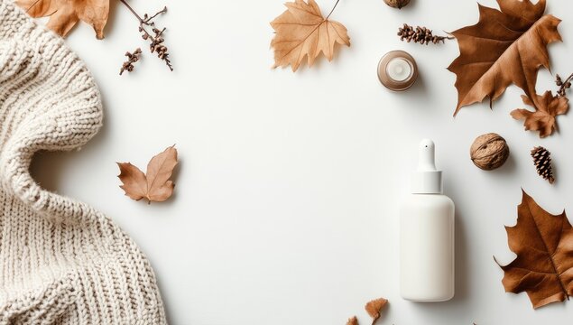 Autumnal skincare flatlay.  Beige knit sweater,  fall leaves,  walnuts,  candle,  and white lotion bottle on white background