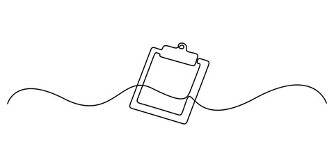 Obraz premium Continuous one line drawing of clipboard with checklist clean black and white modern office style vector illustration