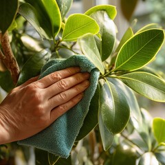 A person is cleaning a healthy plant
