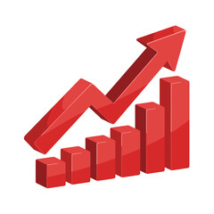 A red arrow pointing upwards over a red bar graph indicating growth on a white background view from the side
