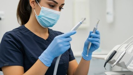 Dental Hygienist Examining Equipment Carefully - Powered by Adobe