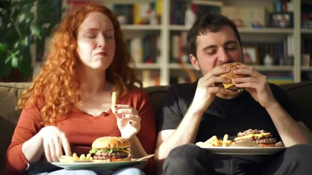 Couple Enjoying a Takeaway Burger and Fries Meal on the Couch at Home