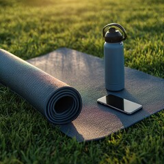 A rolled yoga mat with a water bottle and a mobile phone resting on the green grass. A serene composition depicting wellness and leisure.