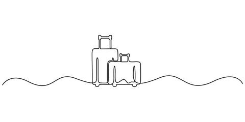 Suitcase continuous one line drawing style. Single line drawing of case, luggage bag with wheels isolated on white background. Vector design illustration