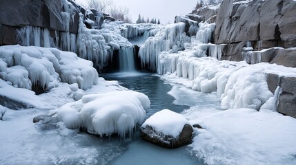 Winter waterfall mid-freeze icy rocks snowy landscape reflects cold climate. AI generated