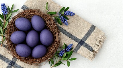 Purple eggs nestled in a bird's nest on a linen cloth.
