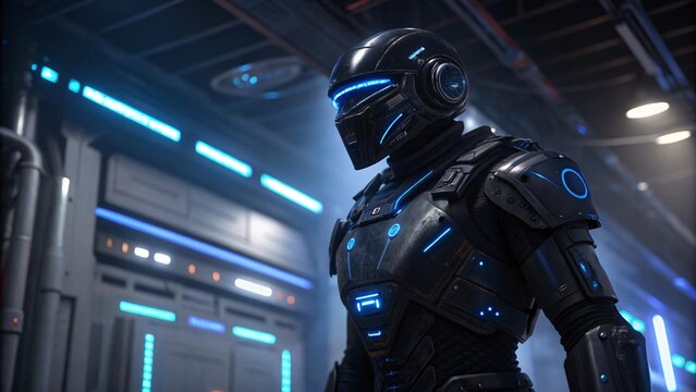 Cyborg in a futuristic space suit.