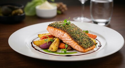Grilled Salmon Fillet with Herbs and Vegetables, Realistic Food Photo, Colorful, Healthy Meal, For restaurant menus, food blogs, recipes, healthy lifestyle content