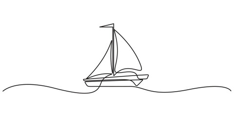 Continuous one line drawing of sailboat or yacht single line drawing outline vector art illustration, One continuous line drawing of sailboat. Business icon. Doodle vector illustration