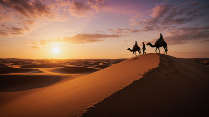 Silhouette of a camel caravan walking on sand dunes against a vibrant desert sunset. Concept for travel, adventure, journey, and exploring exotic landscapes.