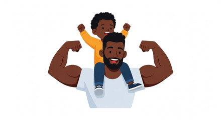 A happy Black father and son flexing their muscles while the child sits on his dad's shoulders. A modern flat vector illustration celebrating family, strength, bonding, and Father's Day