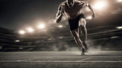 Athletic sprinter running at full speed on race track, showcasing intense physical effort and dynamic movement. Sports competition, athletic performance and fitness training concept.	