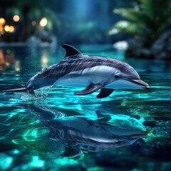 Fototapeta premium Dolphin leaping in a tropical pool at night