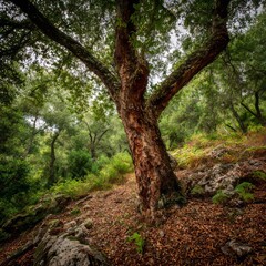 a solitary cork oak tree with rugged bark and green leaves in a Mediterranean forest