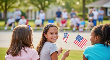 A happy young girl holding American flags while watching a 4th of July parade in a suburban town. A joyful concept of patriotism, community celebration, and American summer holidays