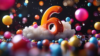 A vibrant, 3D number six, nestled in a fluffy cloud, surrounded by a multitude of colorful spheres