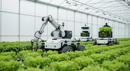 Autonomous agricultural robots working in a smart farm greenhouse, harvesting lettuce. A futuristic concept of agritech, automation, and precision agriculture