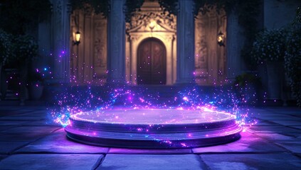 Circular, glowing pedestal bathed in purple and violet light,  surrounded by magical sparkles, in front of a stately mansion at night
