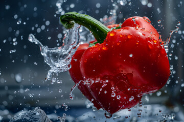 Red bell pepper falling into water, kitchen aesthetics, healthy eating