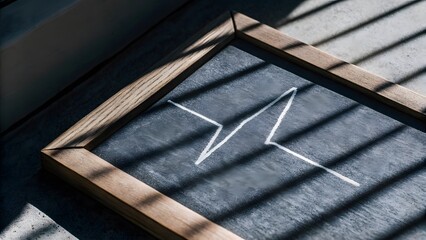 Sunlit Chalkboard with Abstract Drawing A Simple White Line Sketch on Dark Gray Surface, Casts Shadows from Wooden Frame, Minimalist Aesthetic.