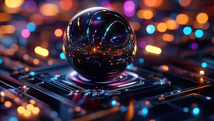 Reflective sphere atop a glowing circuit board, vibrant colors
