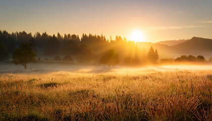 golden sunrise casts a warm glow on the dewy meadow illuminating each blade of grass mist rises gently enveloping the landscape in peaceful tranquility